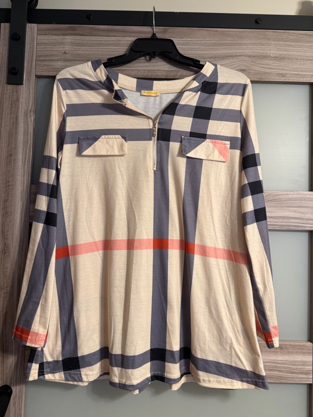 BAIKEA Cream Plaid Long Sleeve Top with Navy and Coral Stripes